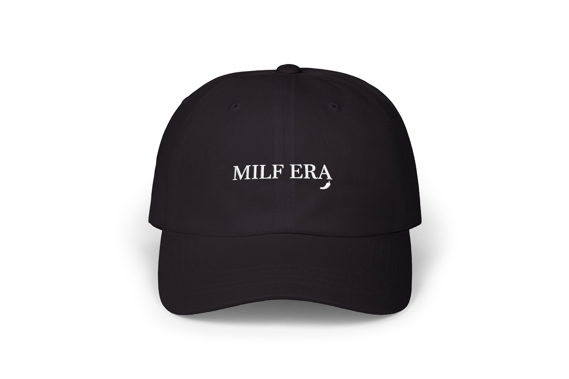 Black baseball cap embroidered with Milf Era and a small chili pepper