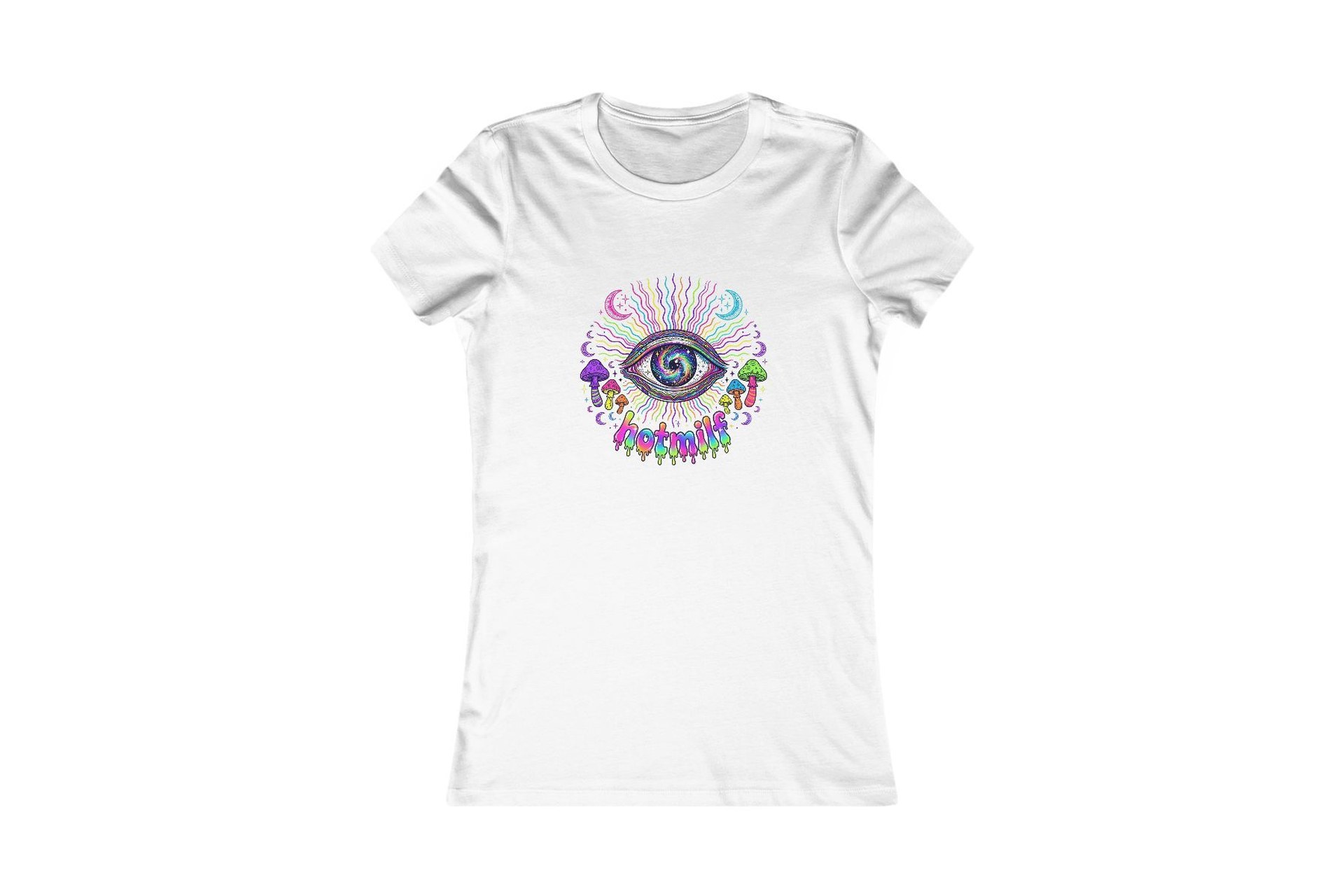 White slim-fit tee printed with a psychedelic cosmic eye and dripping hotmilf lettering