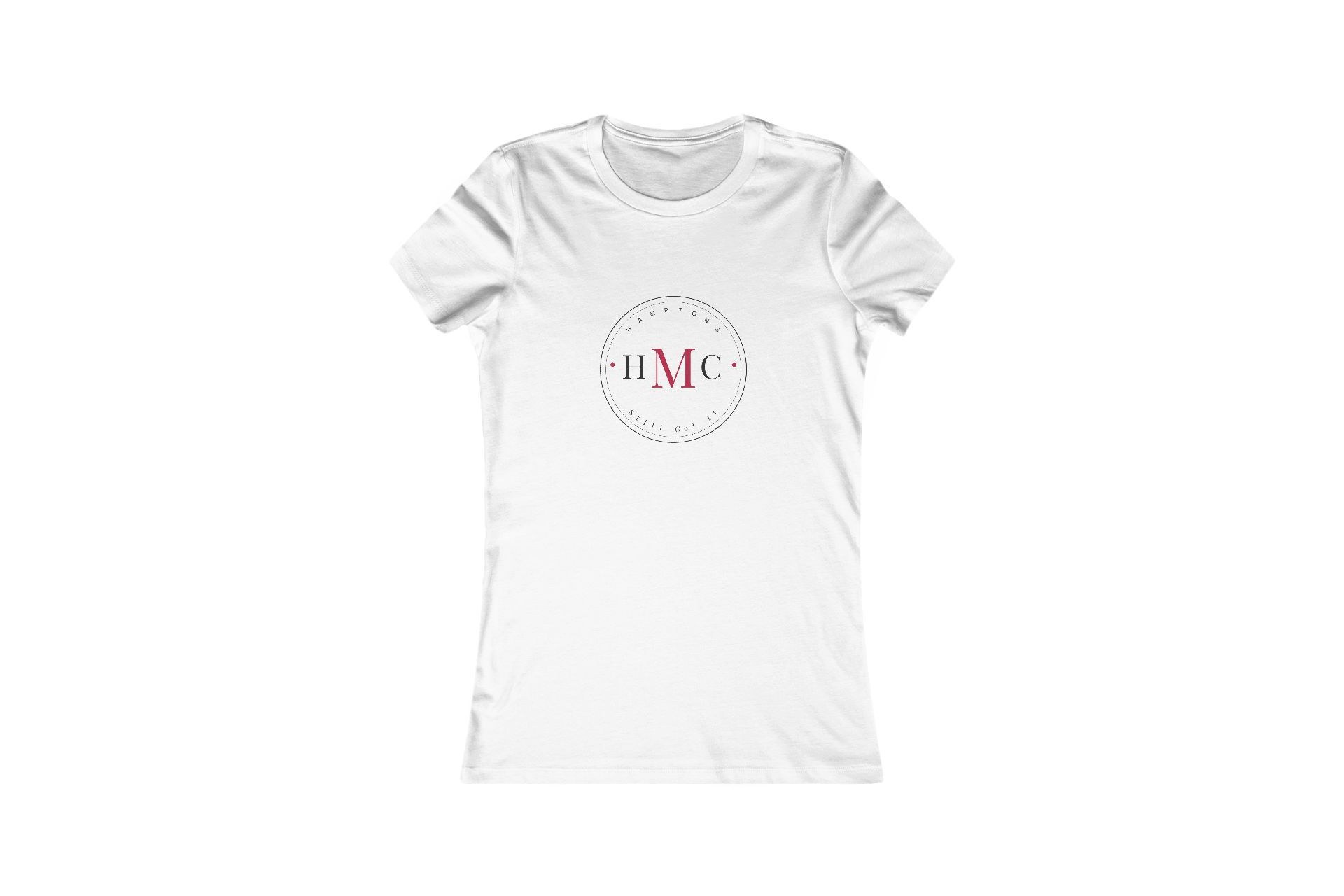 White slim-fit T-shirt with a black and crimson HMC Hamptons circular badge graphic