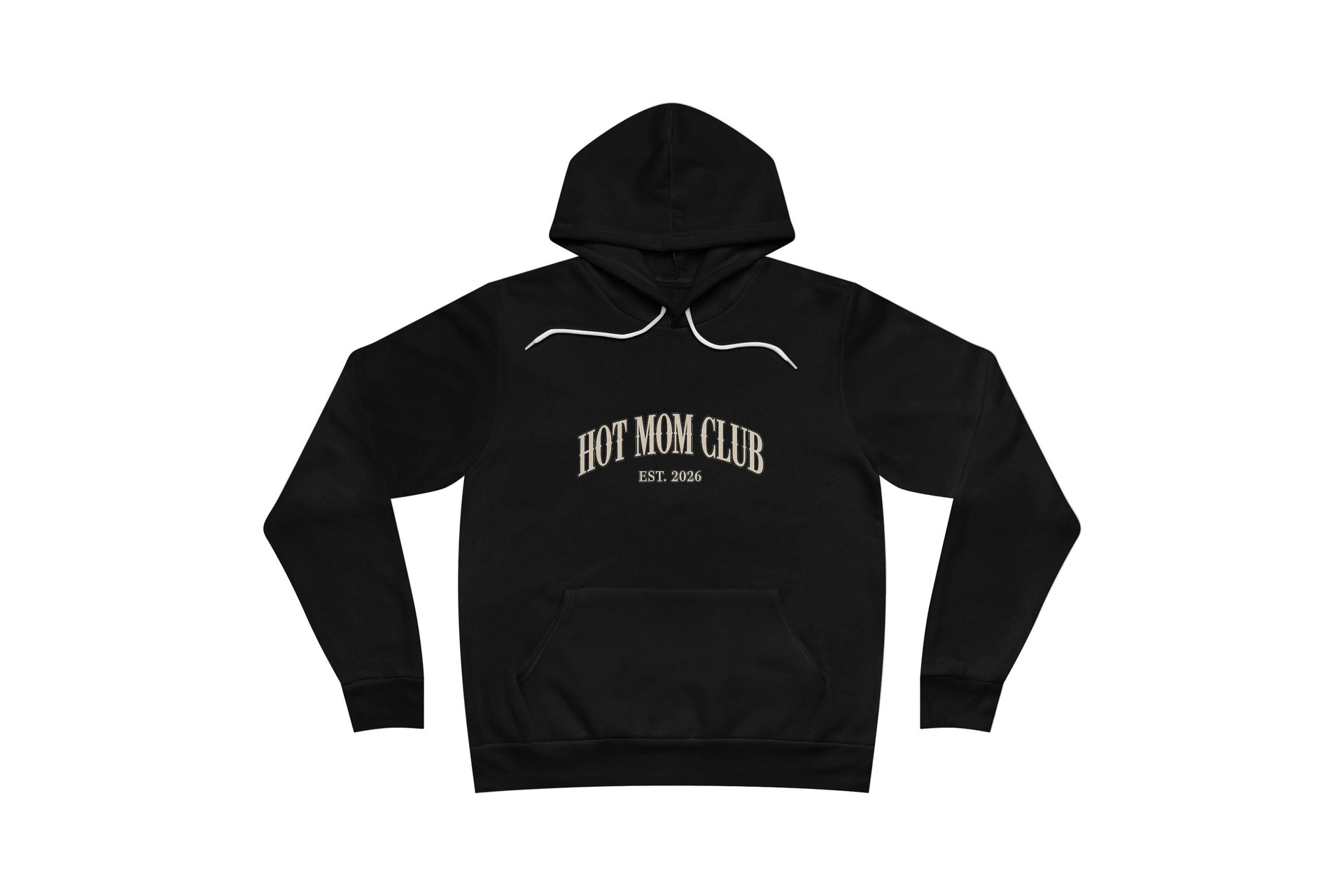 Black pullover hoodie embroidered with Hot Mom Club, Est. 2026