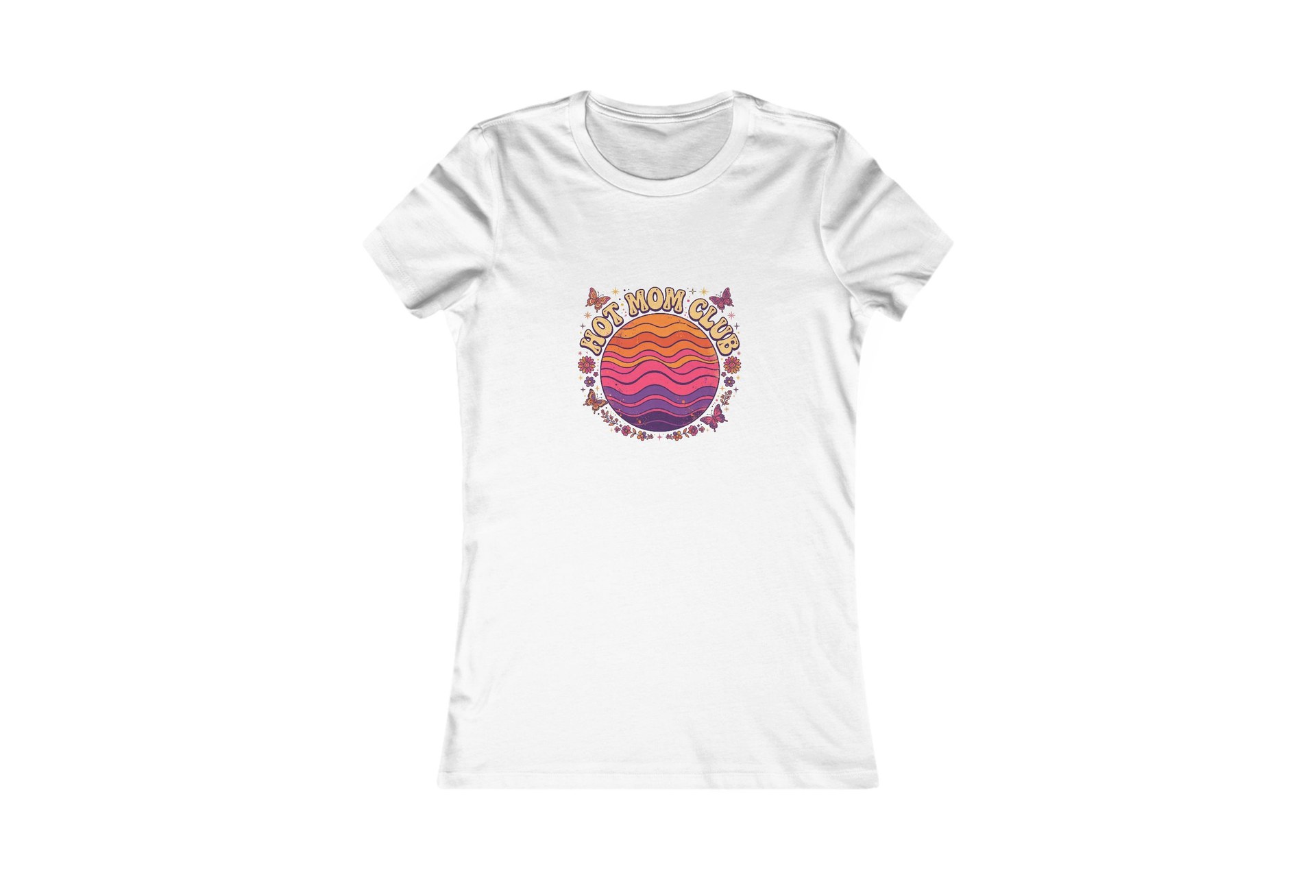 White slim-fit tee with a groovy Hot Mom Club sunset graphic in orange, pink, and purple