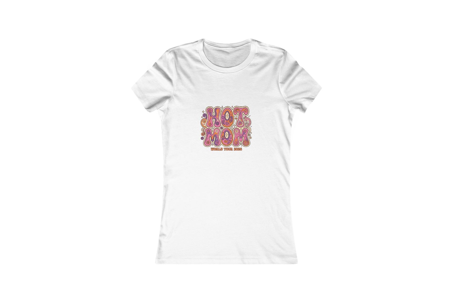 White slim-fit tee with a retro Hot Mom World Tour 2026 graphic