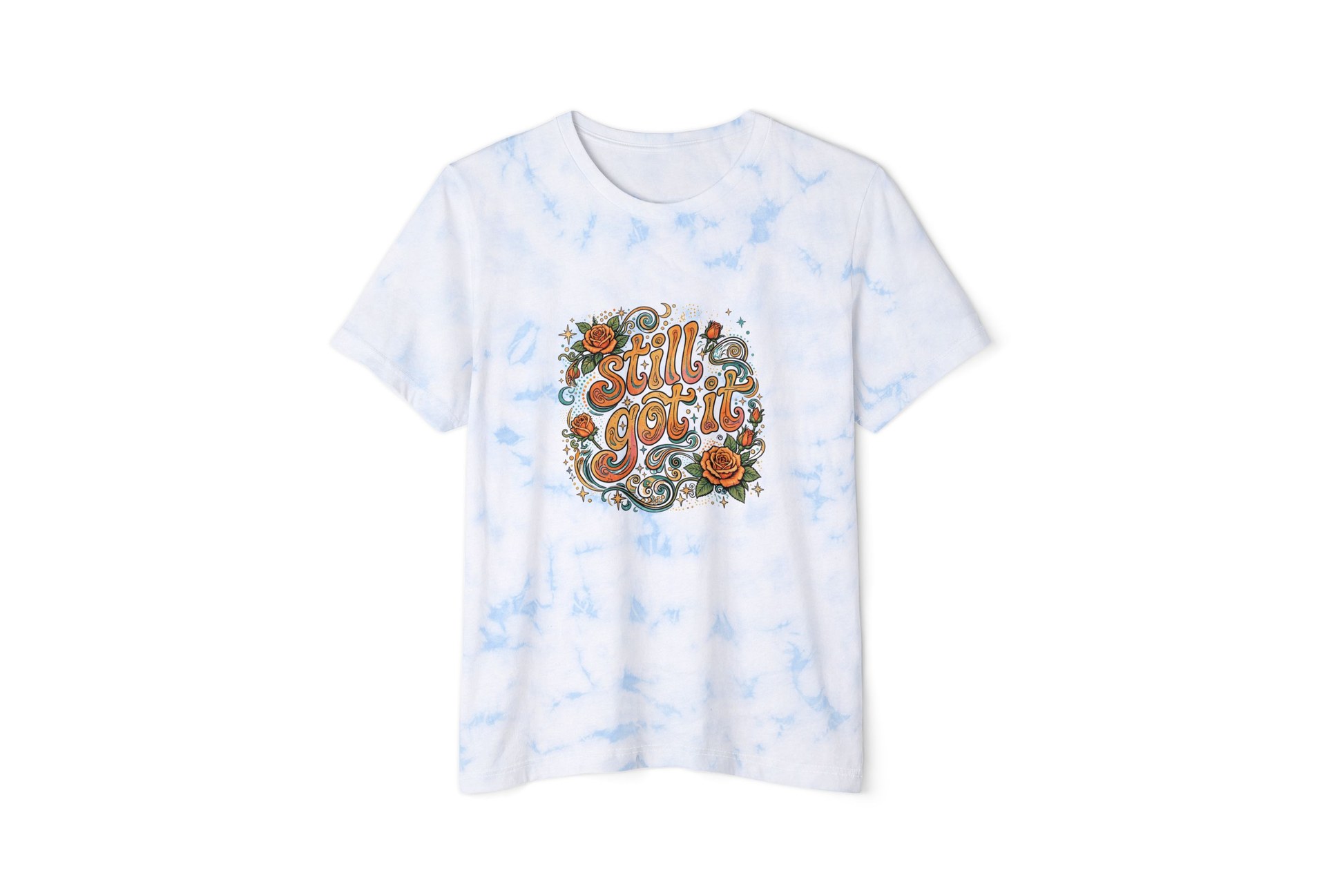 Slim fitted pink, purple, and orange tie-dye T-shirt with a retro Hot Mom World Tour 2026 graphic