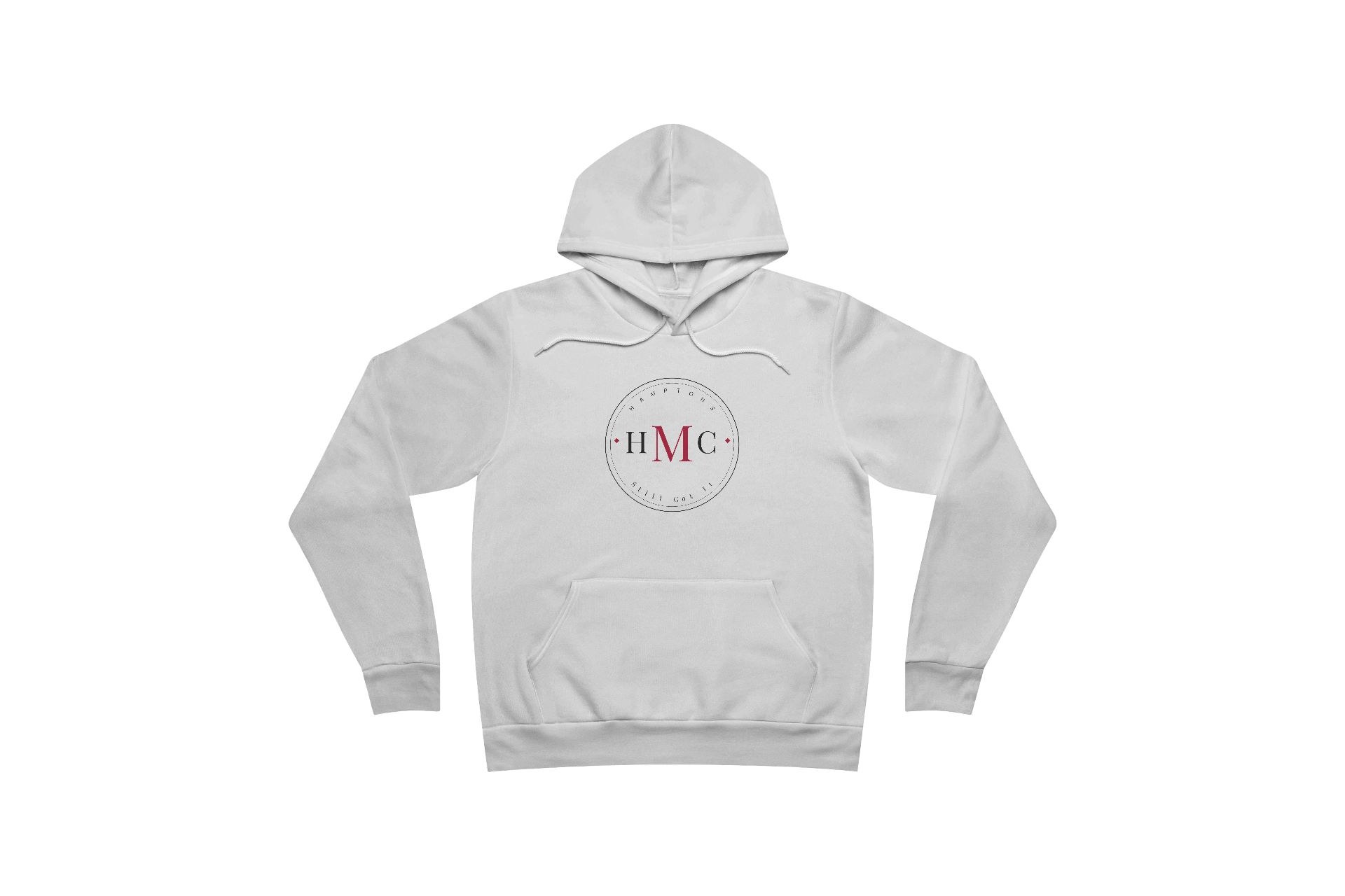 White pullover hoodie with a black and crimson HMC Hamptons circular badge graphic